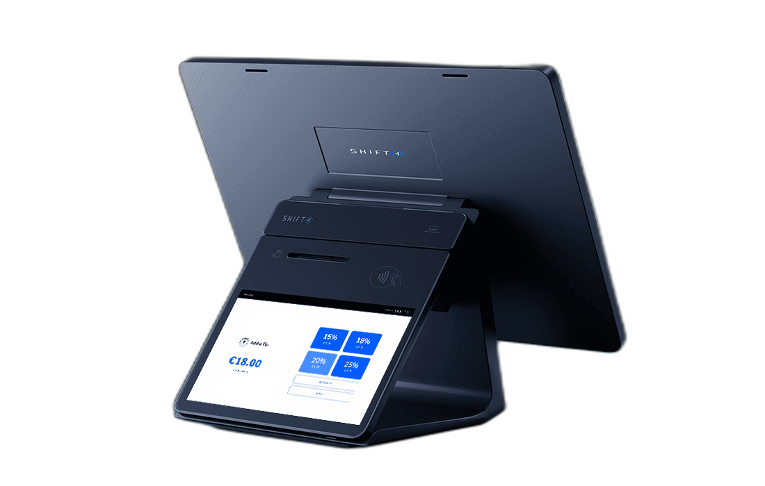 Customer-facing display showing a tip prompt and €18.00 payment